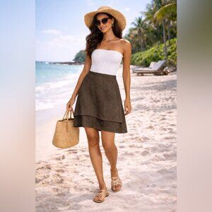 Eileen Fisher 100% Linen Skirt Brown Layered Asymmetrical Size L Minimalist